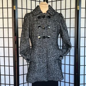 Black Rivet Black & White Herringbone Car Coat w/ Removable Hood  M